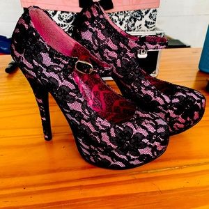 Bordello Pink and Black Lace Pumps